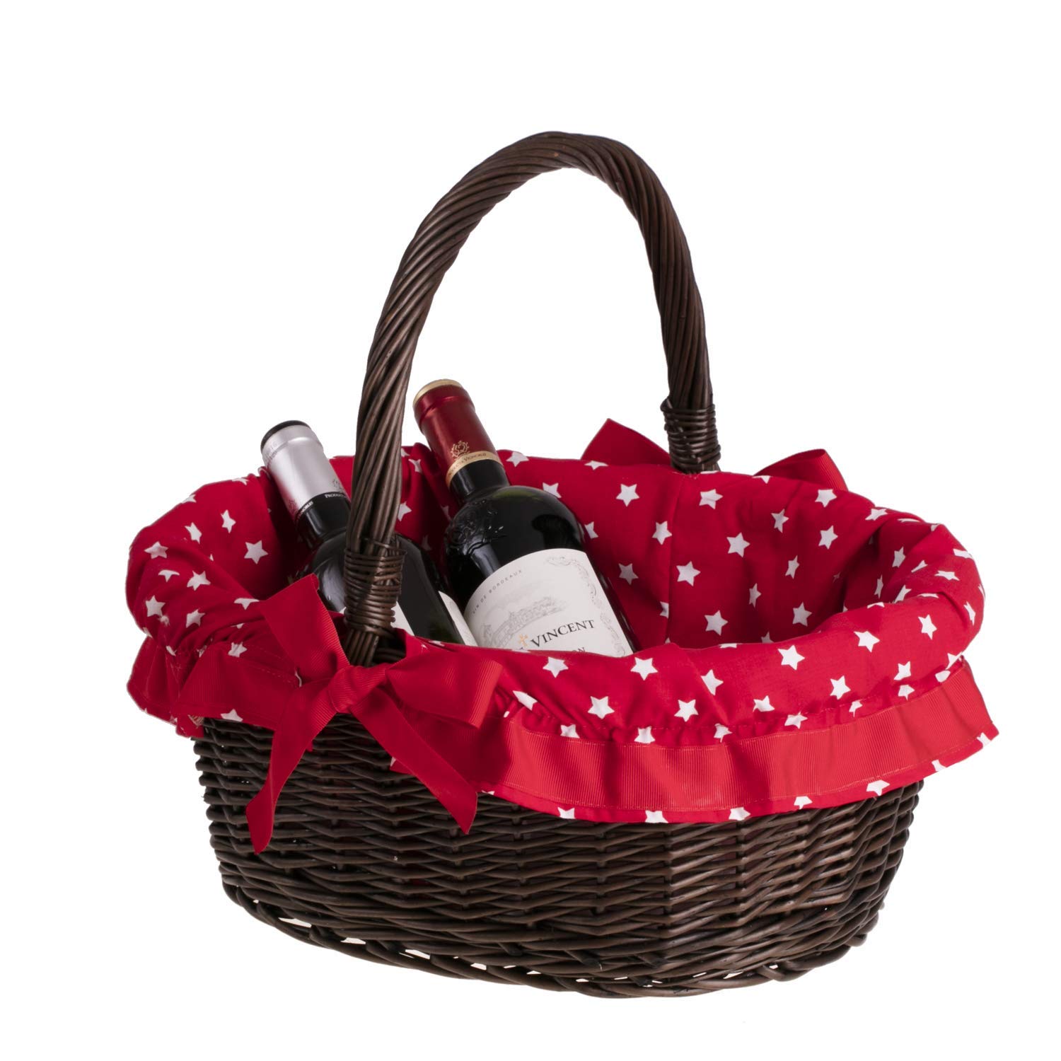 Expositor, cesta de mimbre con asa, cesta de mimbre góndola de la compra con una funda extraíble rojo marrón grisáceo estampado pequeñas estrellas blancos