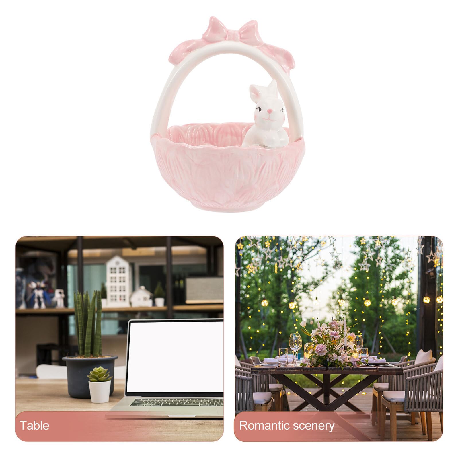 UKCOCO Decorazione Coniglio Pasquale in Ceramica Rosa Cestino per Uova, Statuina da Scrivania Vivace e Adorabile per Casa e Ufficio