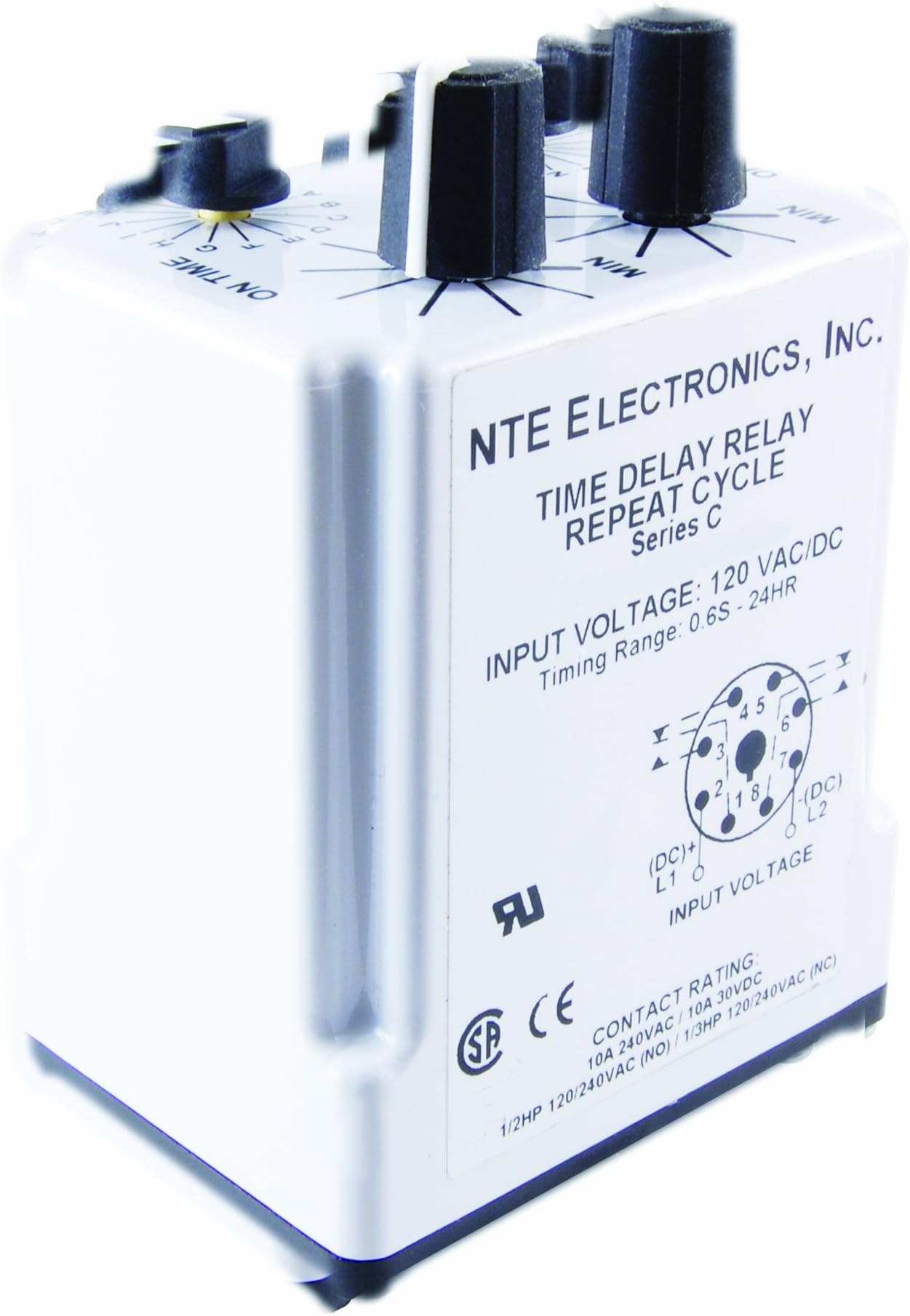 R38-11A10-120L Series R38 Repeat Time Delay Relay, AC Operated, DPDT, 3.0 to 300 Second Range, 10 Amp, 8 Pin, 120VAC
