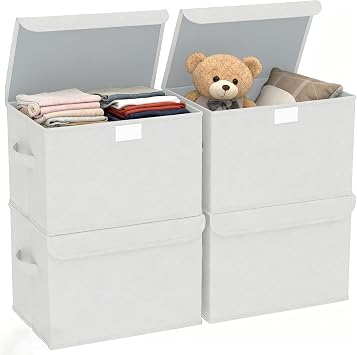 Storage Box with Lid Set of 4 Foldable Storage Boxes with Handles 26 cm L x 21 cm W x 17 cm H Non-Woven Fabric Storage for Clothes Toys Books Cupboard Bedroom Home White
