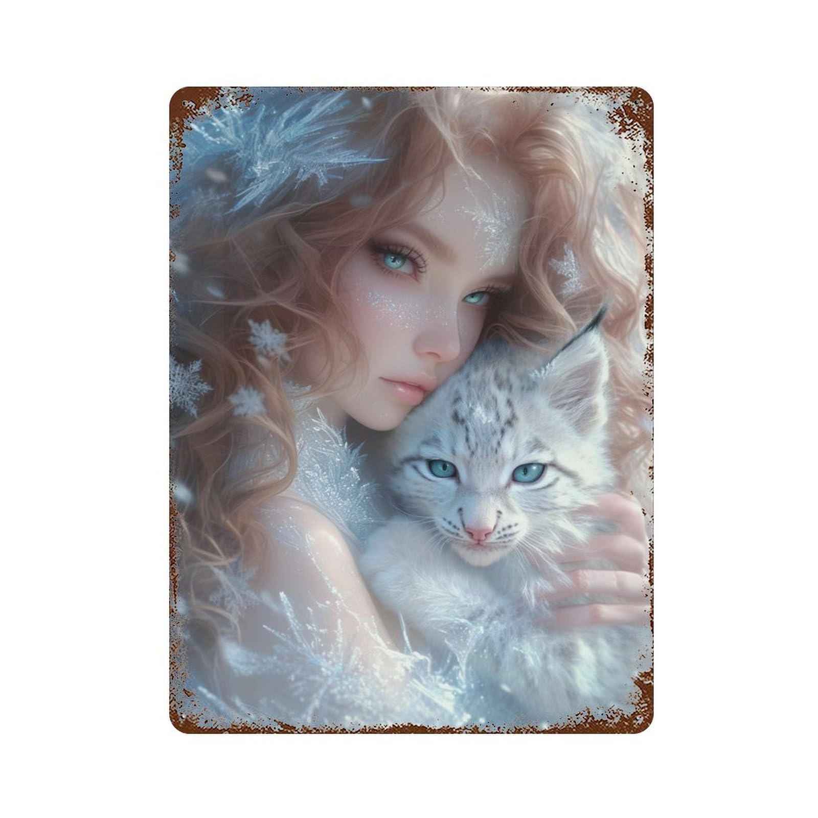 Winter Fantasy with Snowflake Cat Rustic Tin Plaque 15.7"x11.8", Novelty Wall Decor for Garage, Pub Or Kitchen