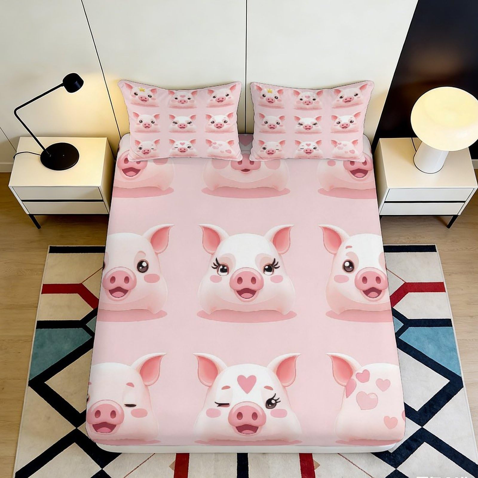 3D Printed Cute Pig Cartoon Fitted Sheet Microfiber Pink Animal Mattress Cover Anti-Slip Machine Washable for Bedroom Dorm Decor 120x200x25cm