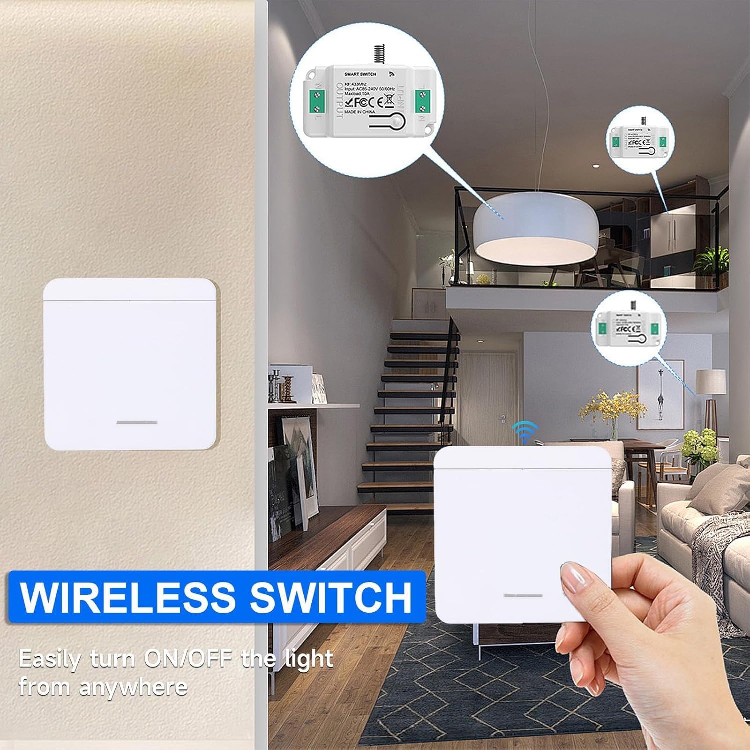 Zestaw przełączników bezprzewodowych 433 MHz do sterowania lampami do 2000 W, zasięg 70 m, łatwa instalacja bez okablowania, bezprzewodowy z odbiornikiem 10 A, bezprzewodowy przełącznik ścienny