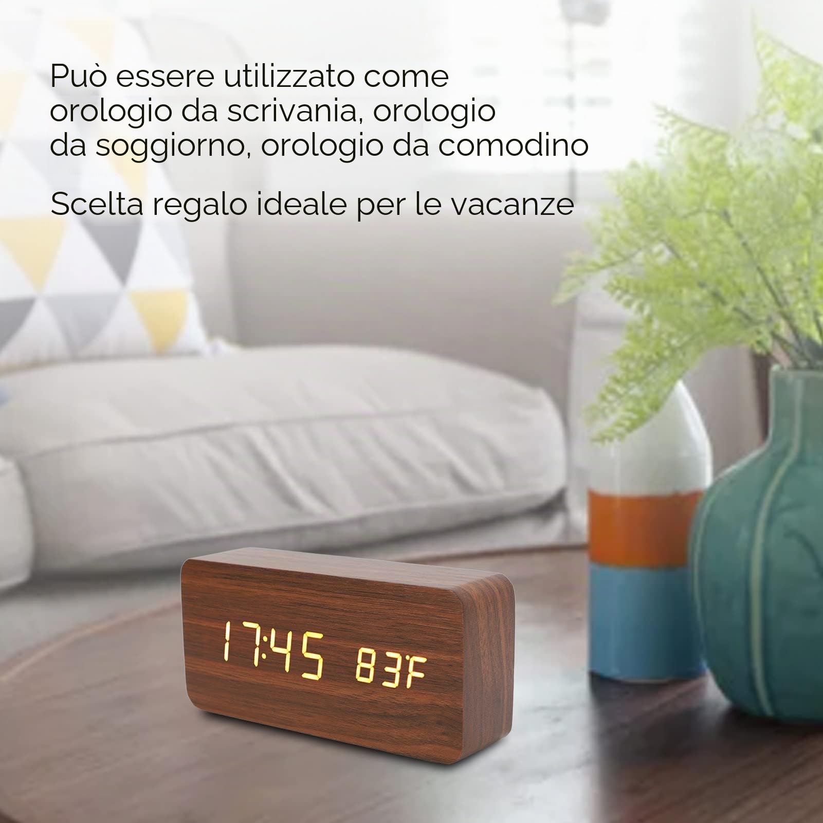 Orologio a LED in legno, sveglia digitale con 3 livelli di luminosità elettronica, grande display a colori, orologio digitale da scrivania con display a umidità temporanea, ufficio, camera da letto