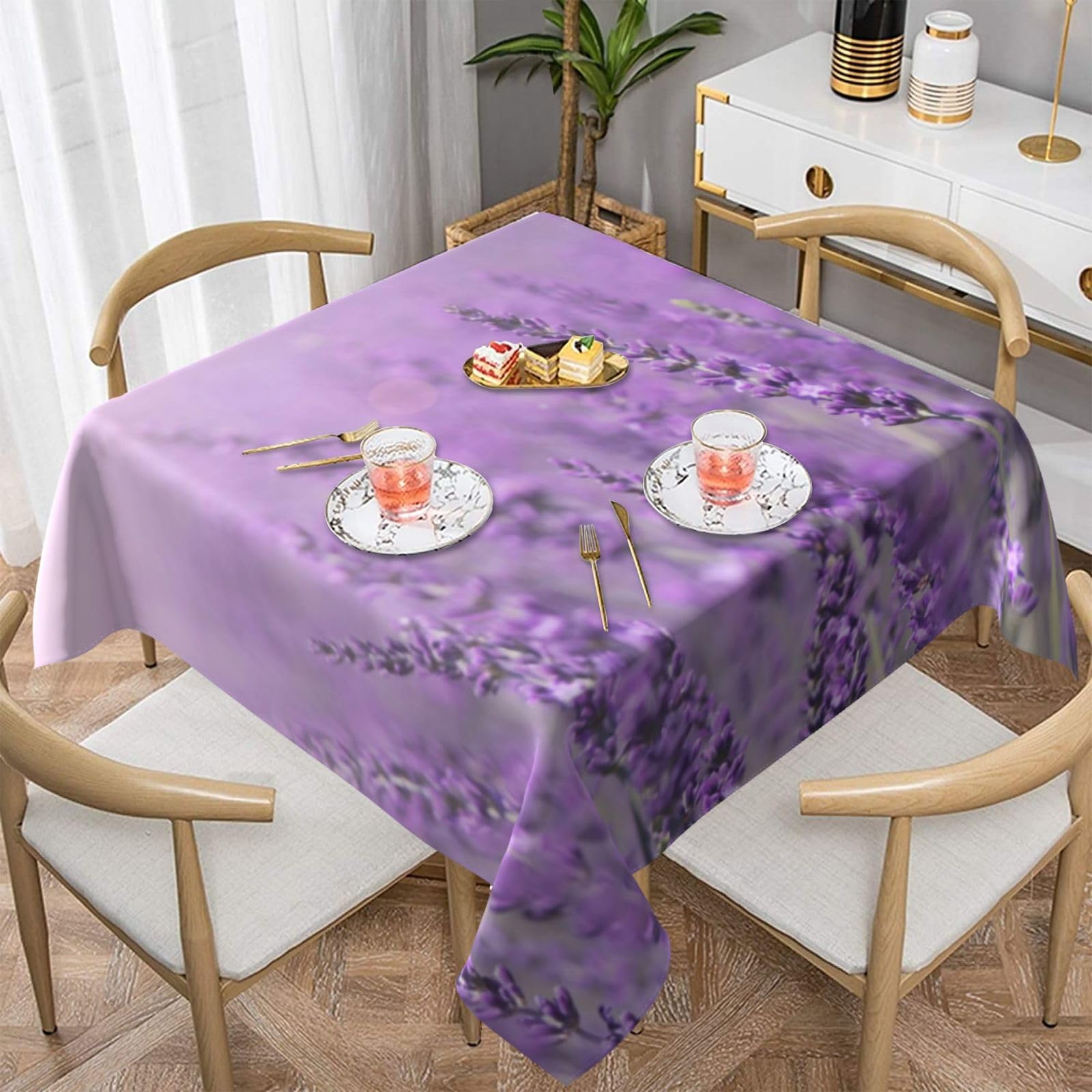 FLYIFE Romantic Purple Lavender Printed Square Tablecloth 152x152cm - Water-Resistant Wrinkle-Free Table Cloth Cover For Picnic Kitchen Dining
