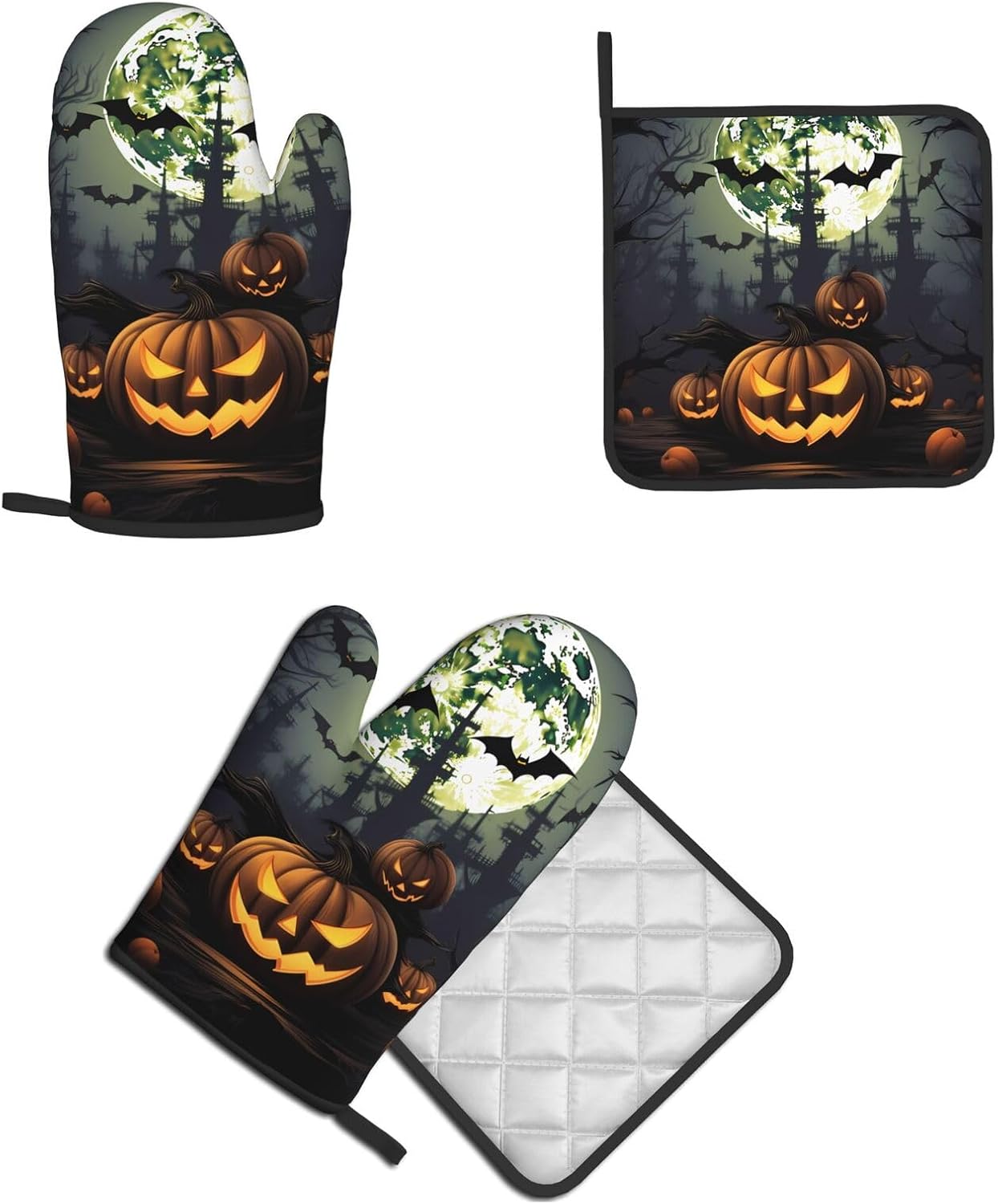 Halloween Moon Bat Pumpkin:Full Width Printing Kitchen Baking Two-Piece Set, A Must-Have Tool Set for Novice Home Cake Makers, Suitable for Both Left and Right Hands, Anti Slip and High