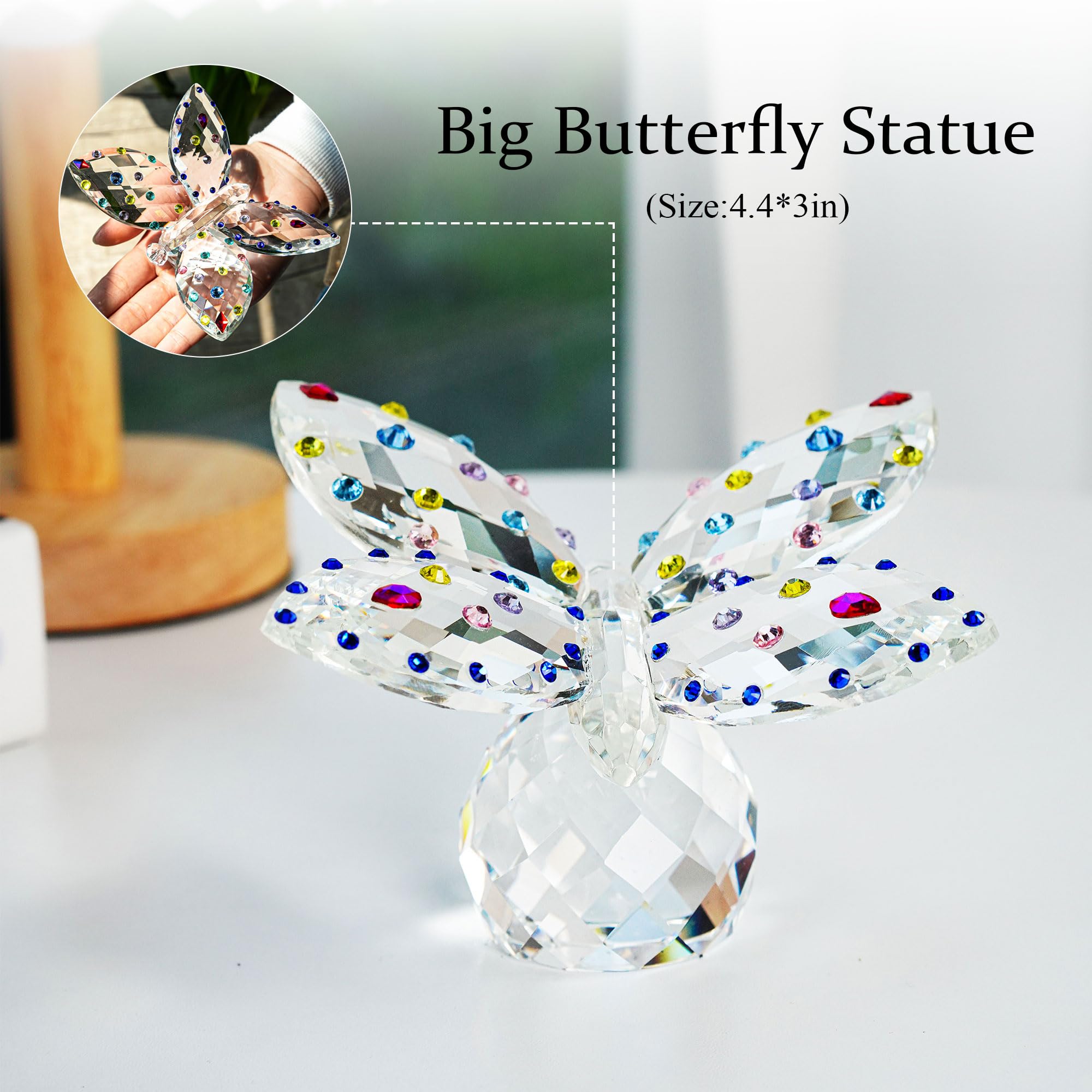 QFkris Mariposa de Cristal Grande de 4 Pulgadas, Figura Coleccionable con Base de Bola, Adorno y Estatua de Animal