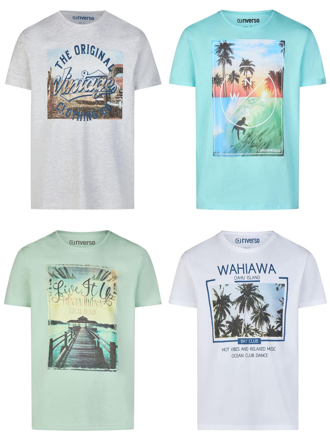 riverso Tshirt Herren Set Baumwolle Regular Fit RIVLukas 4er Pack | Rundhals Kurzarm Sommer Tee Shirt Print Blau Grün Weiß Grau Gelb Türkis S M L XL XXL 3XL 4XL 5XL