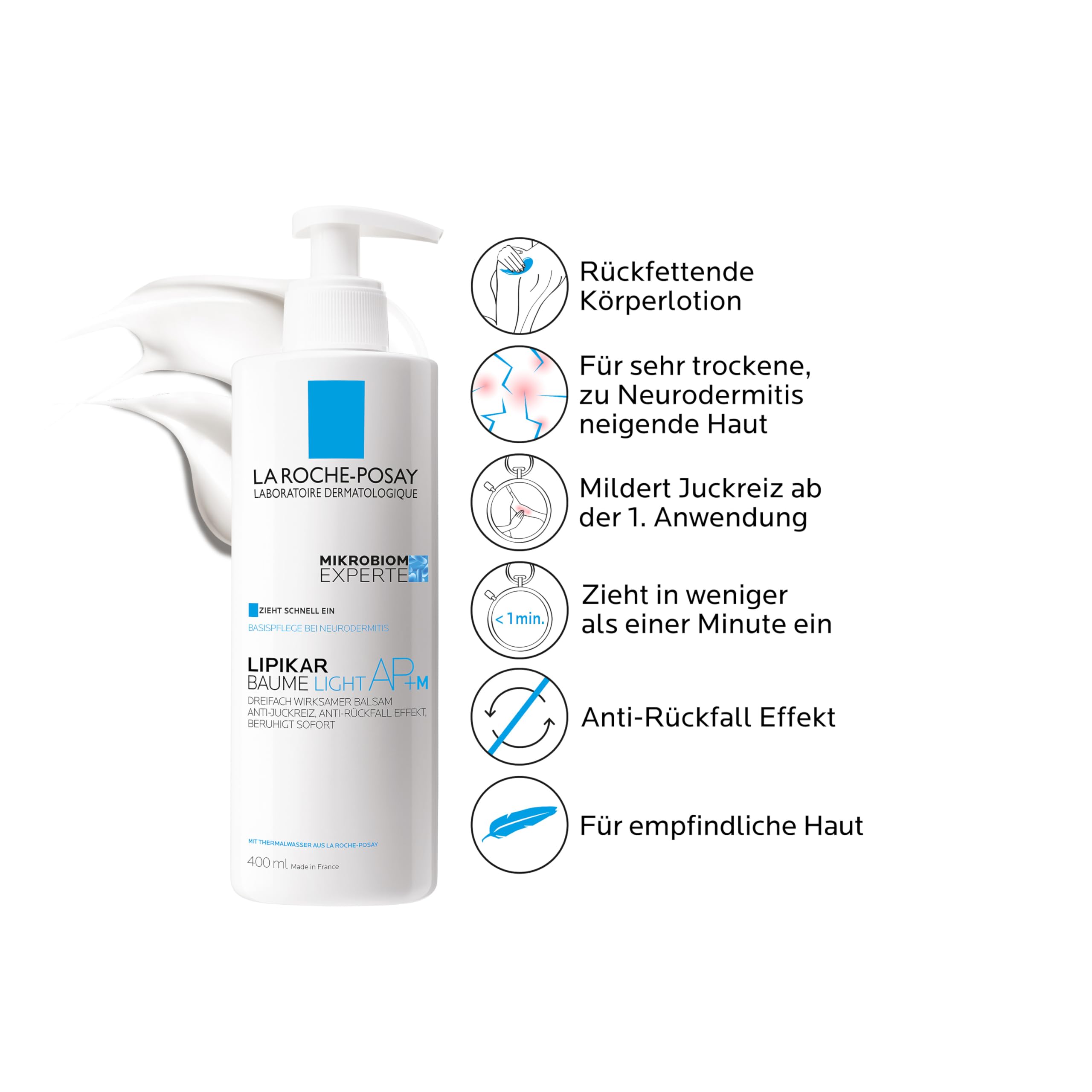 La Roche-Posay Lipikar Baume Light AP+M, Rückfettende Lotion bei Neurodermitis und trockener Haut, Schnell einziehend, Ohne Duftstoffe, Für Babys ab 3 Monaten, Kinder und Erwachsene, 400 ml