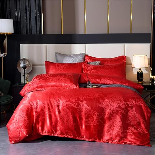 TUMAN Pro Juego de funda de edredón jacquard de satén de estilo europeo, juego de edredón de lujo rojo para todas las estaciones, juego de ropa de