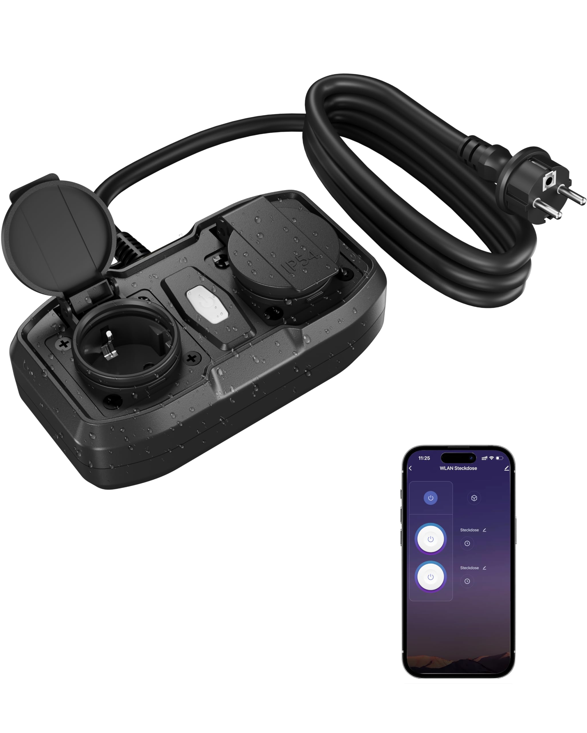 HBN Enchufe WiFi para exteriores con 2 salidas, 16 A 3600 W, enchufe inteligente para exteriores, IP54, resistente al agua, Wifi doble enchufe exterior, compatible con Alexa y Google Assistant, cable