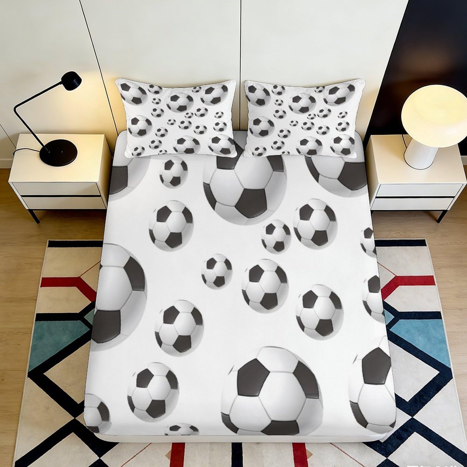 Kzqnxhjprl Style-1 3D Printed Football Pattern Fitted Sheet Microfiber Soft Black White Soccer Mattress Cover For Bedroom Dorm Guest Room Mattress Protection Decor 90X200x25cm