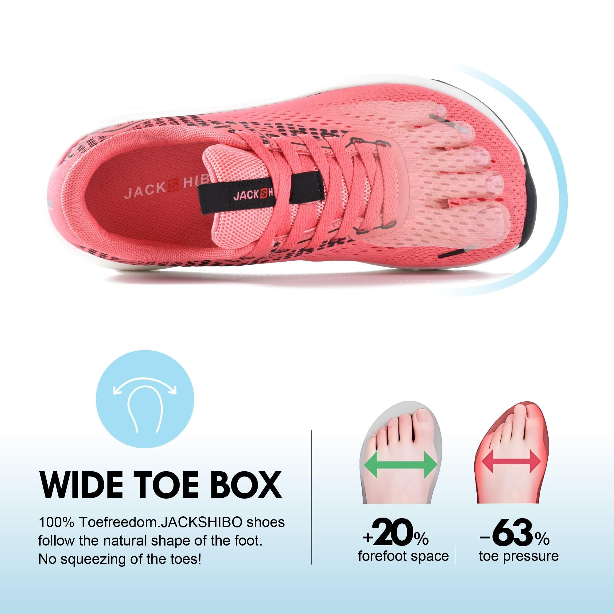 JACKSHIBO Zapatos de punta ancha para mujer, con soporte de arco, tenis anchos para correr, caminar, tenis, ortopédico, fascitis plantar, entrenamiento, con cojín grueso, suela de caída cero