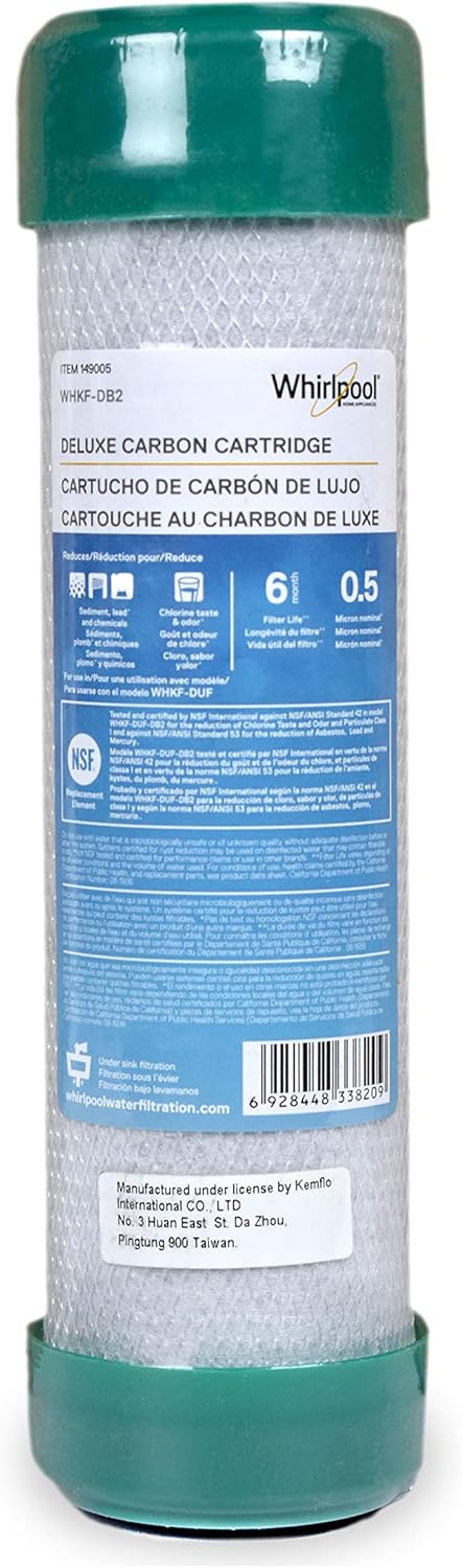 Whirlpool Under Sink Carbon Block Filter WHKF-DB1, NSF Certified 0.5 Micron Rating Reduces Chlorine Taste & Odor, 6-Month Lasting Life, Use for Home Drinking Water Filtration or Reverse Osmosis System