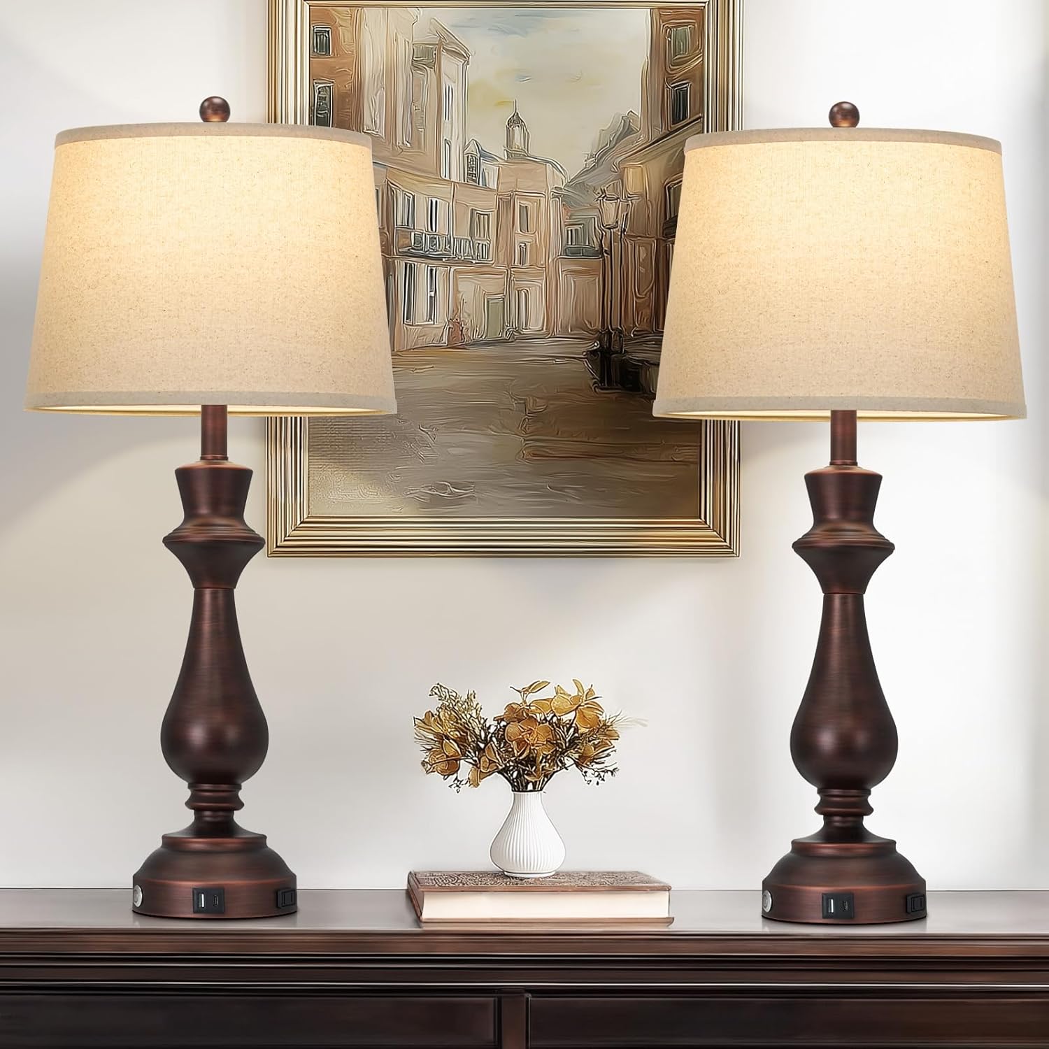 Touch Lamps for Night Stands Set of 2-29.5" Tall Bedside Lamp with USB C+A, 3 Way Dimmable Bedroom Lamps, Vintage Brown Table Lamps for Living Room