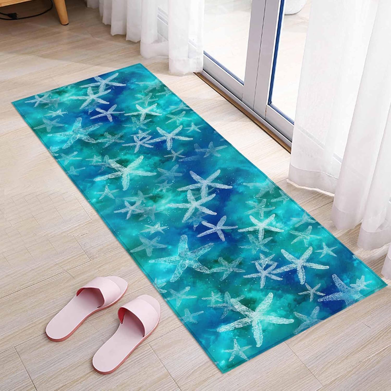 Teamery Kitchen Mats for Floor Fancy Ocean Starfish Teal Blue Washable Non Slip Kitchen Rugs 1PCS, Watercolor Marine Life Absorbent Standing Mats for Sink Bathroom Office Living Room 15.7x47.2in