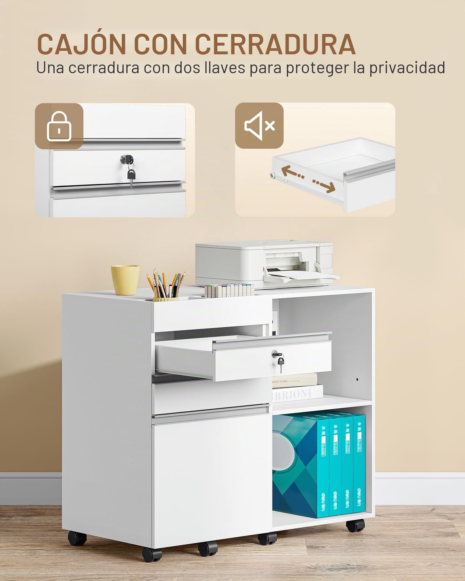 Hzuaneri Cajonera Escritorio, Archivador Móvil con Ruedas, 3 Cajones, 2 Estantes Ajustables, para Estudio, Oficina, Blanco FC42003X