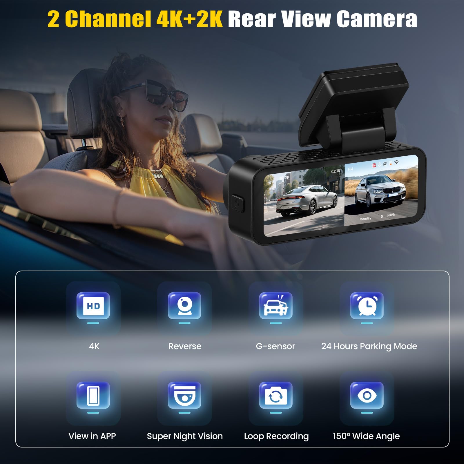 Dashcam 4K Anteriore e posteriore per auto, videocamera per auto 4K+2K FHD, videocamera per auto con GPS, ADAS, APP, Grandangolo 150°, visione notturna, sensore G, registrazione in loop