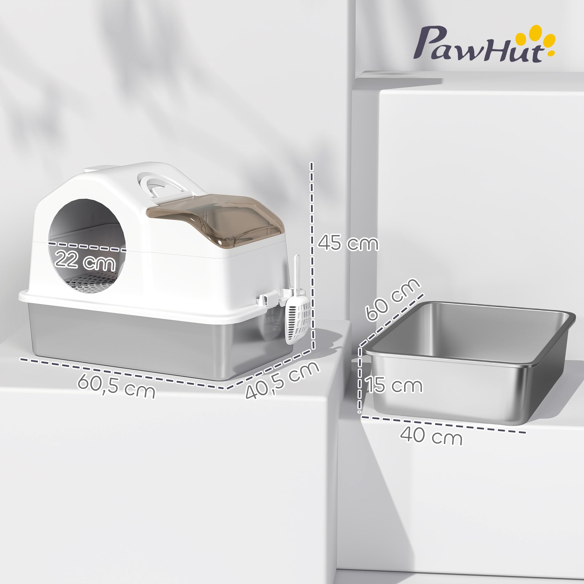PawHut Arenero para Gatos Cubierto Cerrado Extragrande Blanco | Bandeja de Acero Inoxidable, Tapa Extraíble, Bordes Altos, Pala, sin Olor, Fácil de Limpiar, para Gatos Grandes