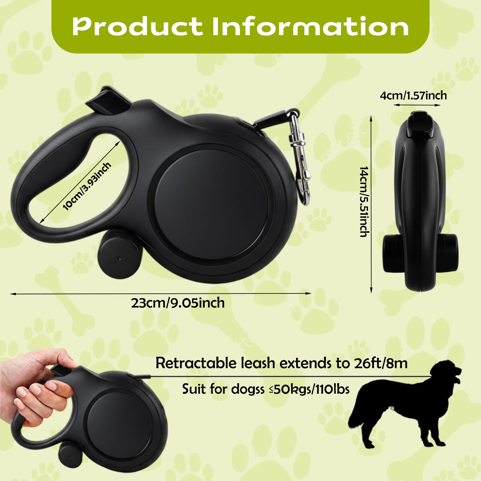 Correa Perro Extensible 8 Metros, 360°Antienredos, Mango Ergonómico, Correa Retráctil con Bolsas Higiénicas y Portabolsa, para Perros Pequeños, Medianos y Grandes hasta 50Kg (Negro, 8m)