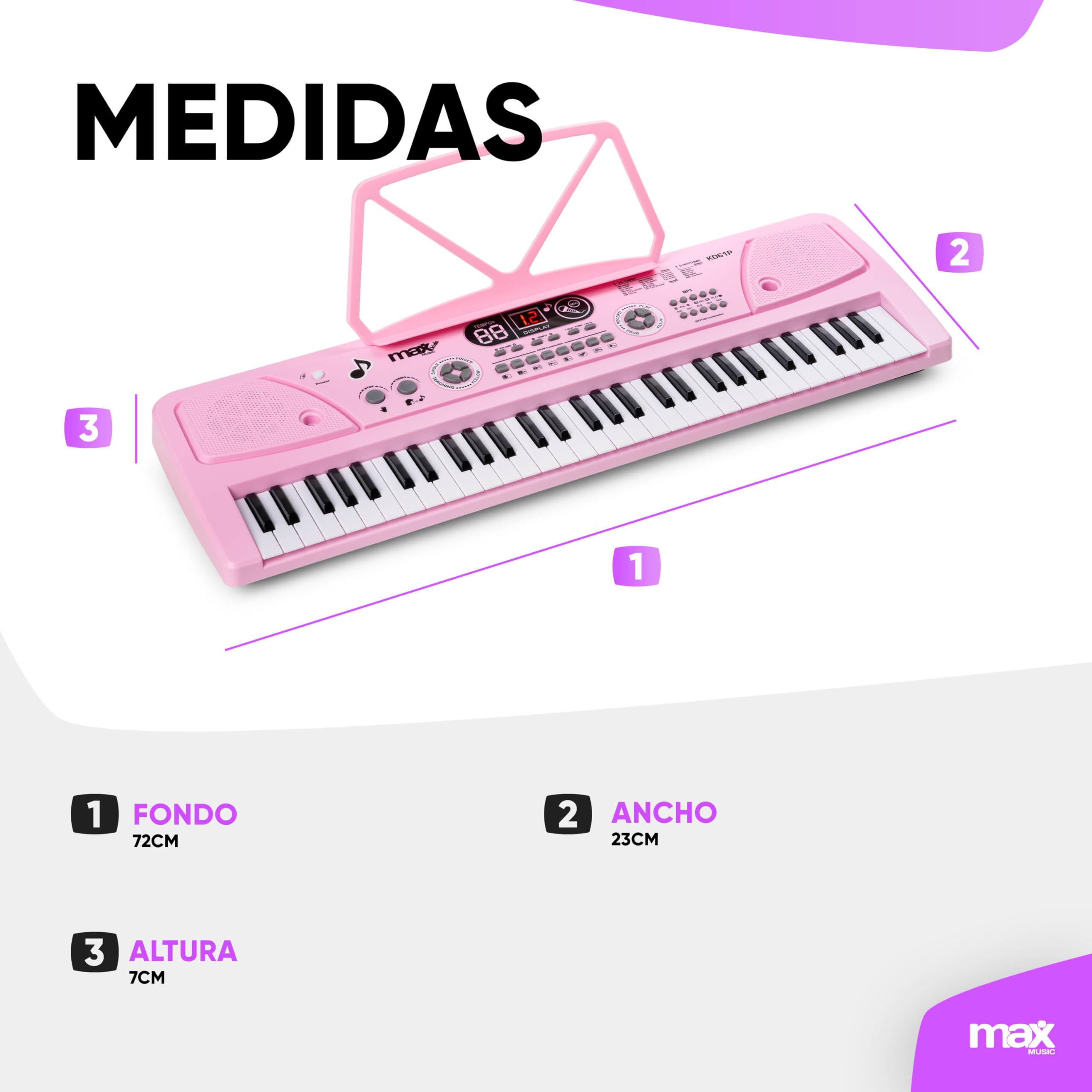 MAX KD61P – Piano infantil digital 61 teclas con soporte ajustable, batería recargable, micrófono, display LED, grabación, ritmos y acordes, ideal teclado musical para niños y principiantes
