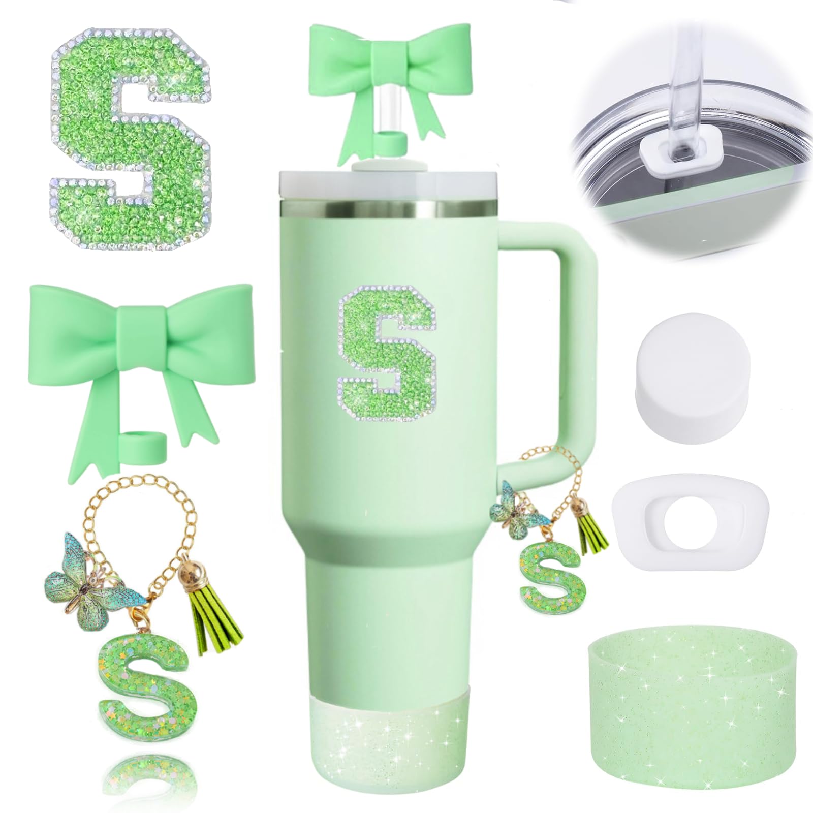 6PCS Green Stanley Cup Accessories Set for Stanley Cup 30 40oz Tumbler with Handle, Including Silicone Bow Straw Covers Cap, Spill Proof Stopper,