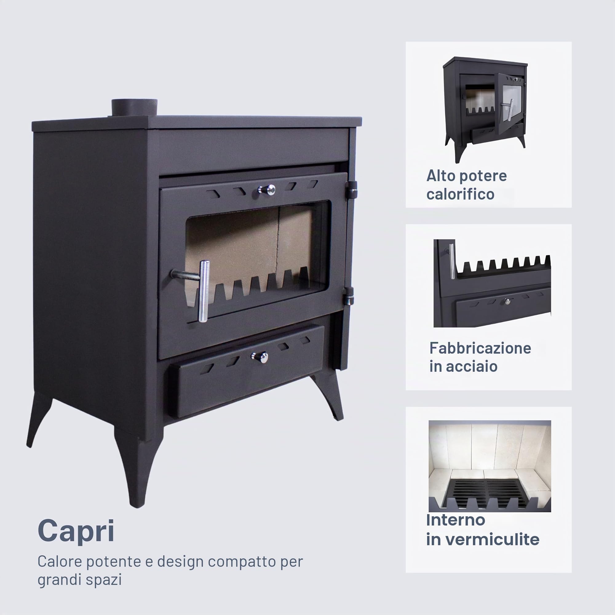 EIDER BIOMASA Stufa a legna 17,05 kW - Compatta 84 x 51 x 66 cm - Basso consumo - Ghisa - Ampia camera per tronchi grandi - Fino a 297 m³ - Classe di efficienza energetica A - Visione del fuoco