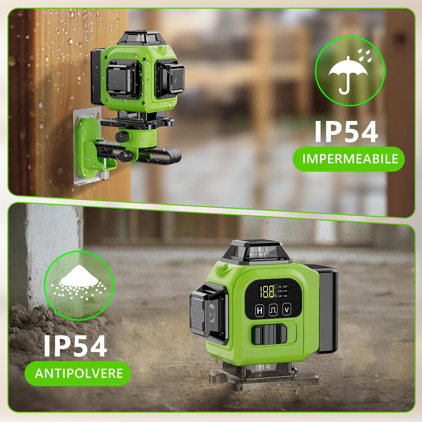Livella Laser Autolivellante 16 Linee con Treppiede, 4 X 360 °Livello Laser Autolivellante Verde, 2 x Batterie, Autolivellante, Supporto rotante, Telecomando