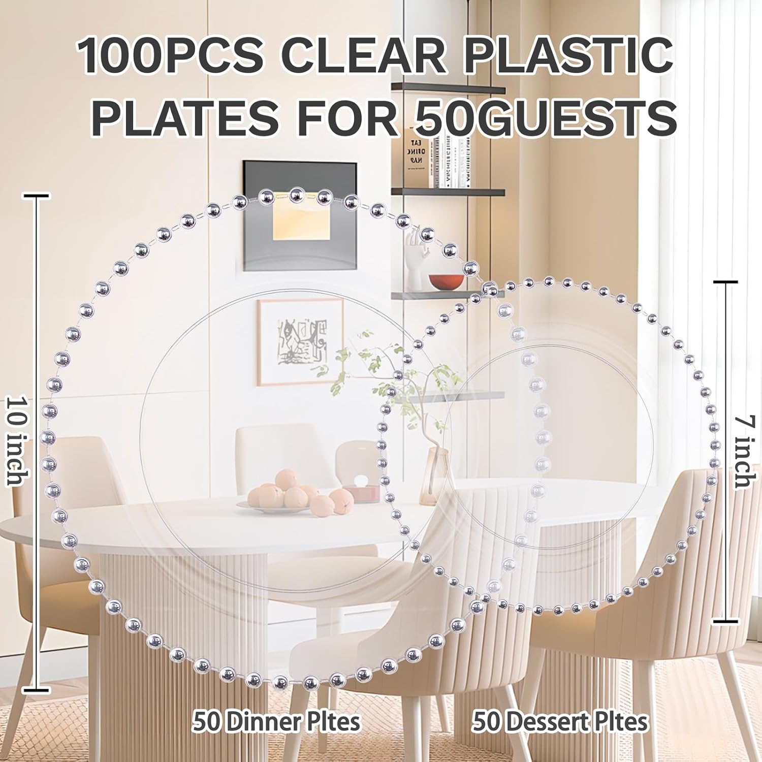 supernal 100PCS Clear Plastic Plates, Clear Plates with Silver Trim, Elegant Plastic Plate Include 50 Dinner Plate 10'' and 50 Dessert Appetizer Platos 7'' for Party, Wedding, Bridal Baptism - Image 3