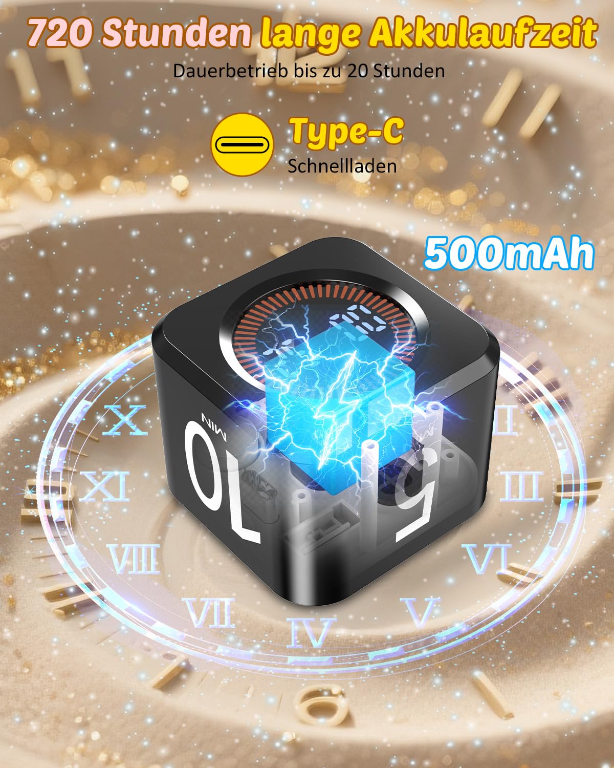 Pomodoro Timer Cube, Visueller Würfel-Timer für Kinder, Digitale LED Drehbarer Timer mit 5/10/25/50 Min & Custom Countdown, Lautlos/Ton Modi, USB-C für Lernen, Arbeit, Küche, ADHS (Schwarz)