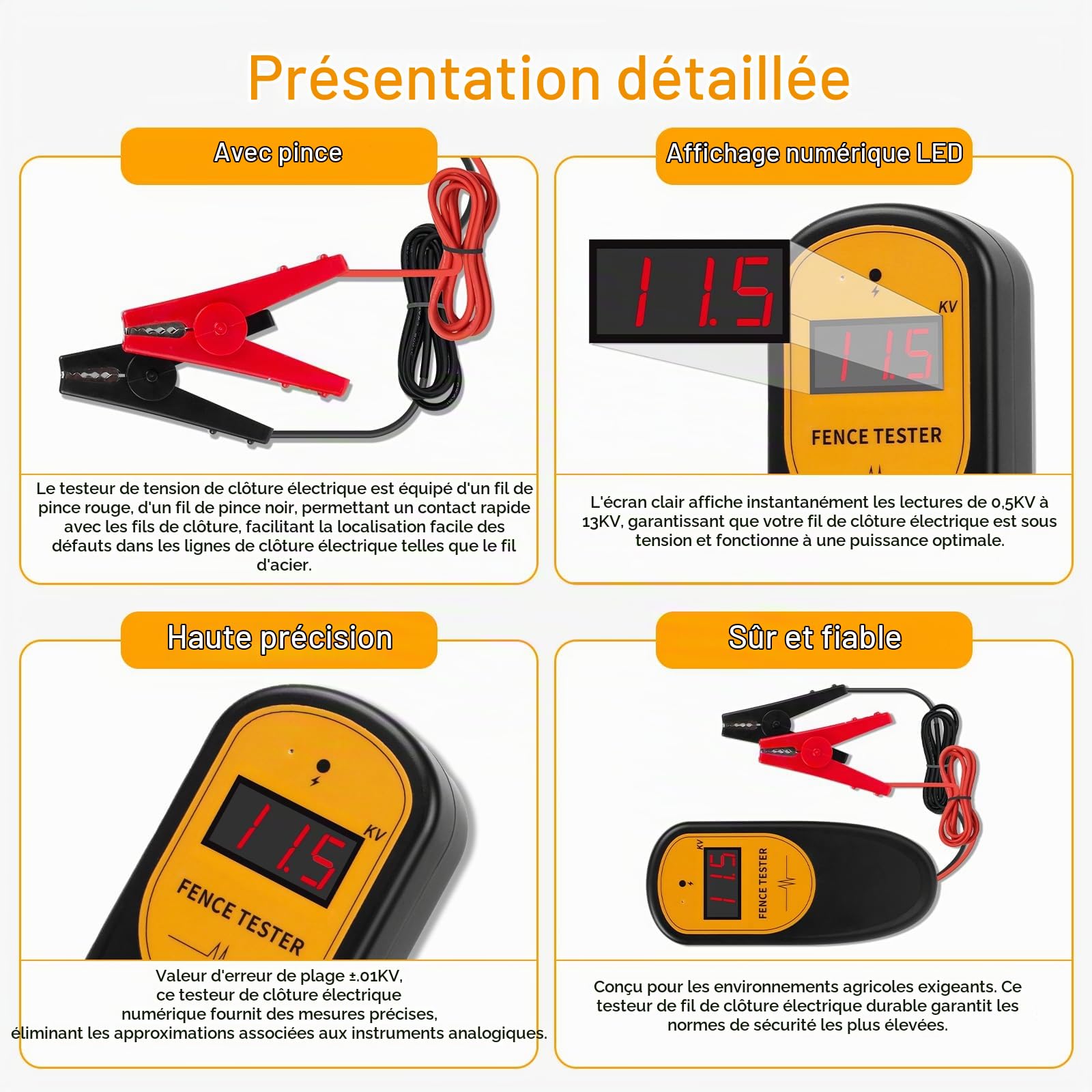 Testeur de tension clôture électrique digital, 13KV 500-13000V, détecteur de défauts, testeur de clôture électrique à pince de poche pour test de tension de clôture électrique de ferme