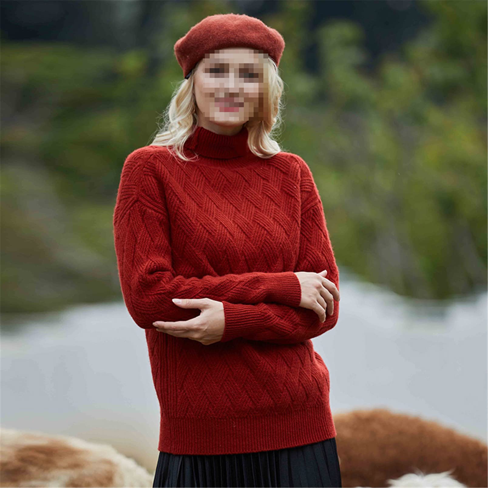 Maglione da donna a collo alto in lana e lana calda, maglione lavorato a maglia, Marrone, M