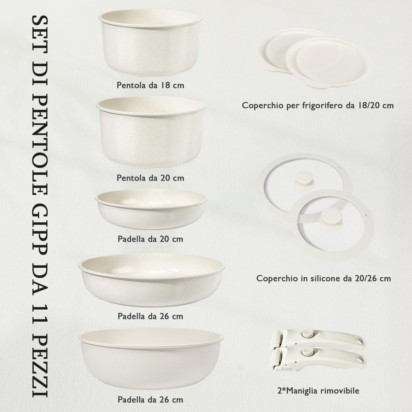 GiPP Set di Pentole e Padelle Ceramiche Antiaderenti 11 Pezzi con Manico Amovibile - Cucina Sana per Camper, Senza Tossine, Compatibile Induzione/Forno/Lavastoviglie (Bianco, 11Pezzi)