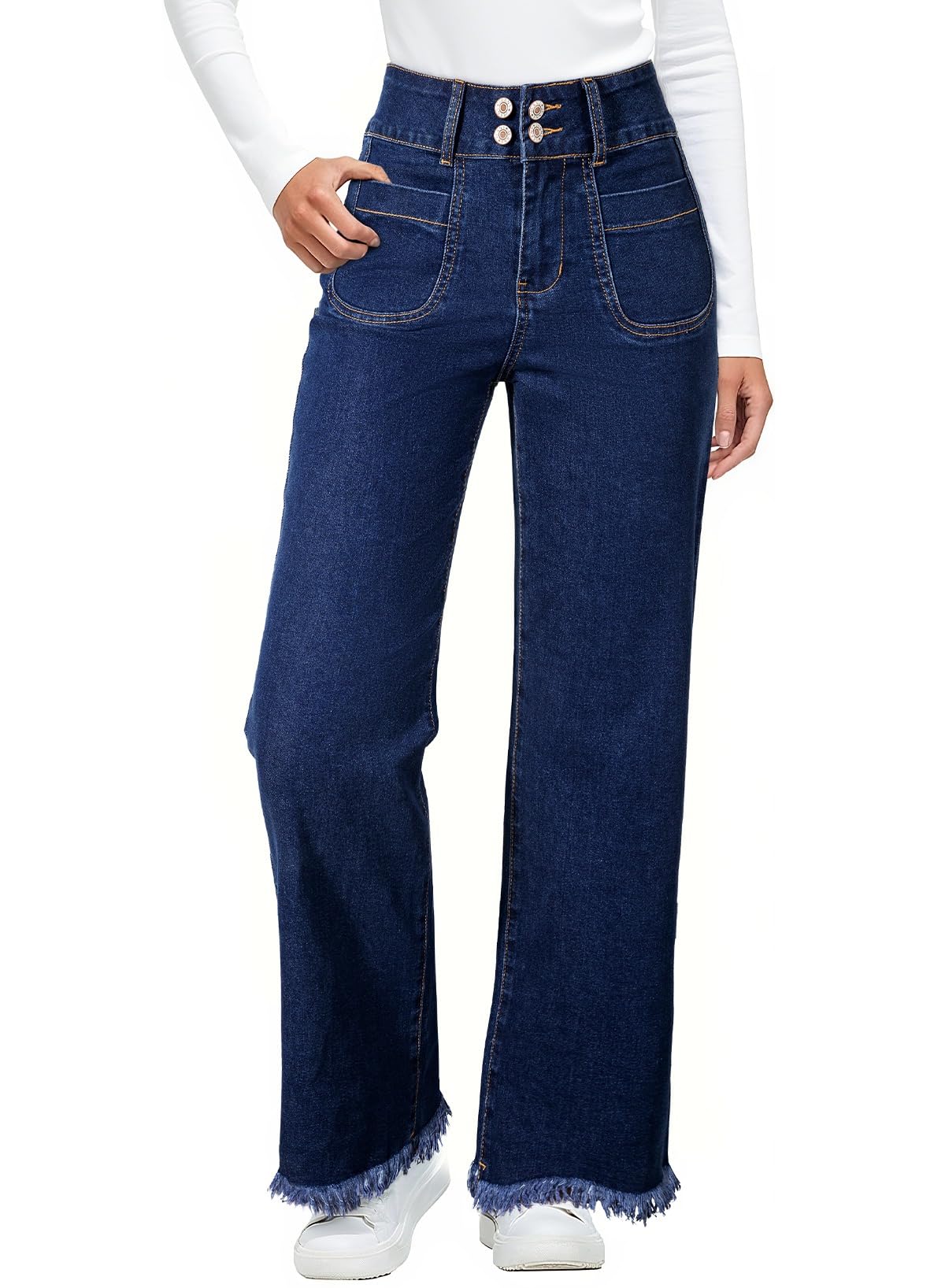 Astylish Womens Wide Leg Jeans High Waisted Double Button Stretchy Frayed Hem Straight Jean Loose Trendy Denim Pants