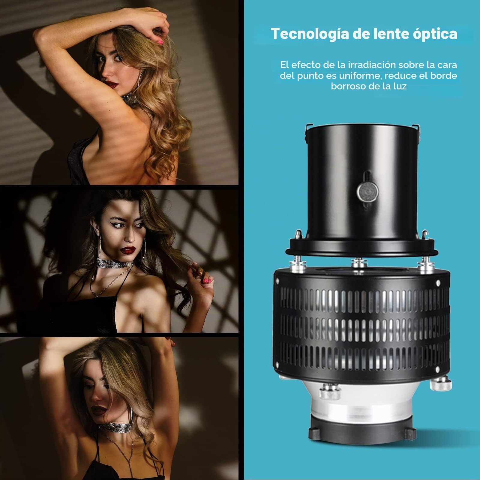 Soonpho Snoot óptico cónico con soporte de Bowens para fotografía,Proyector GOBO de aleación de aluminio,Condensador fotoóptico con 5 filtros de color y 10 gobos para flash de estudio LED Spotlight