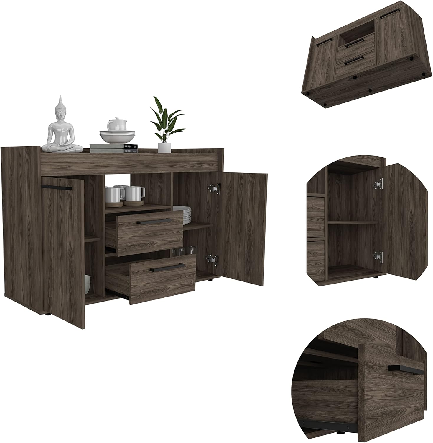 Chapella 2-Drawer Sideboard, detailed view of open cabinets and drawers