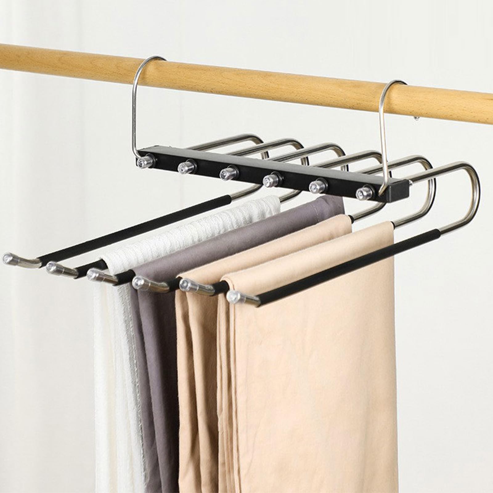 2 Pack Space Saving Trouser Hangers, 5-in-1 Non-Slip Multi Trouser Hanger, Coat Hangers for Wardrobe, Metal Hanger for Trousers Closet Storage for Jeans Scarfs Skirts Towel - Black