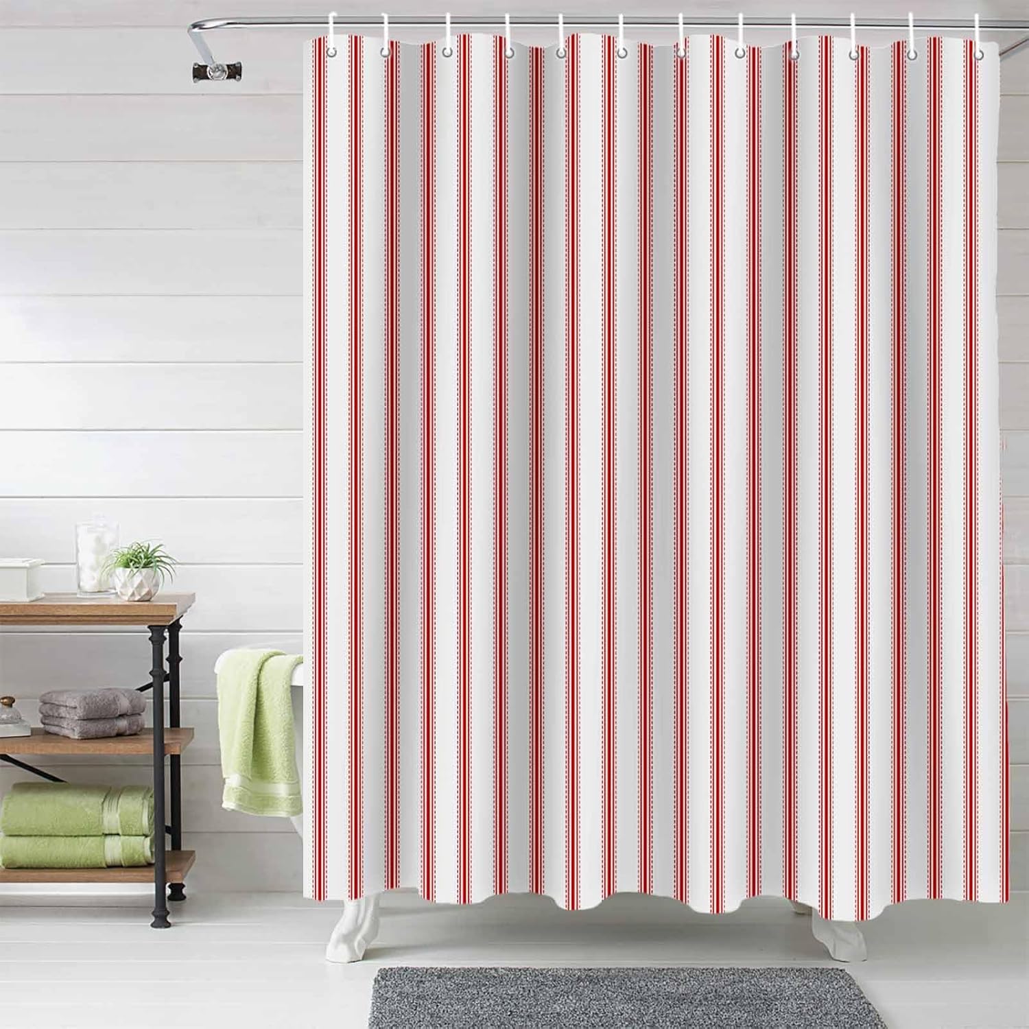 Red Striped Shower Curtain with 12 Hooks Red White Stripes Farmhouse Waterproof Fabric Shower Curtains Sets for Bathroom Bath Decorations, Machine Washable, 60"x72"