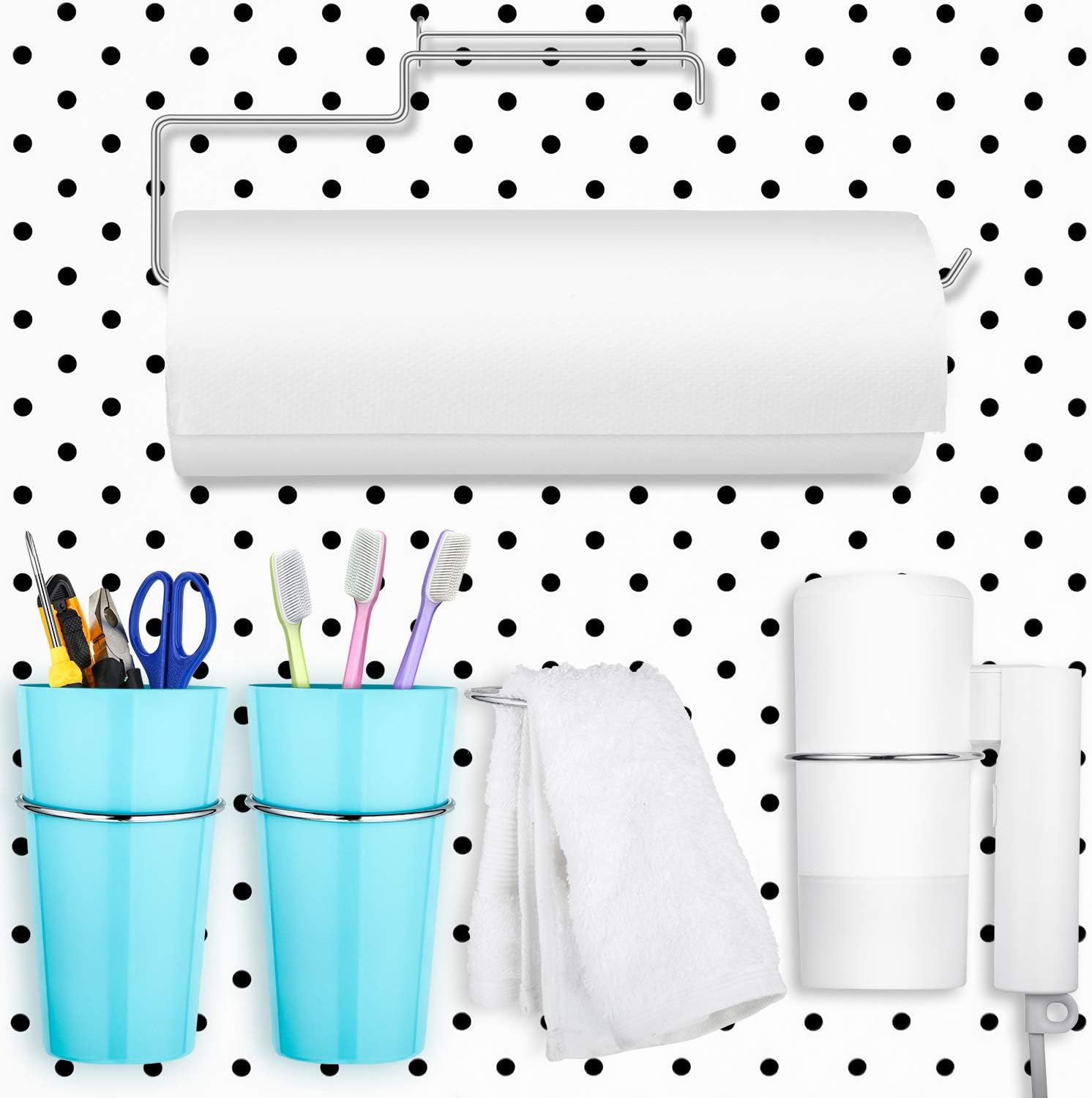 Top Brands 5 Pieces Pegboard Hooks Set Pegboard Paper Towel Holder, 4 Pieces Ring Style Pegboard Hooks Pegboard Organization Accessory Hook for Workshop Garage Kitchen Laundry Room Bathroom (Silver)
