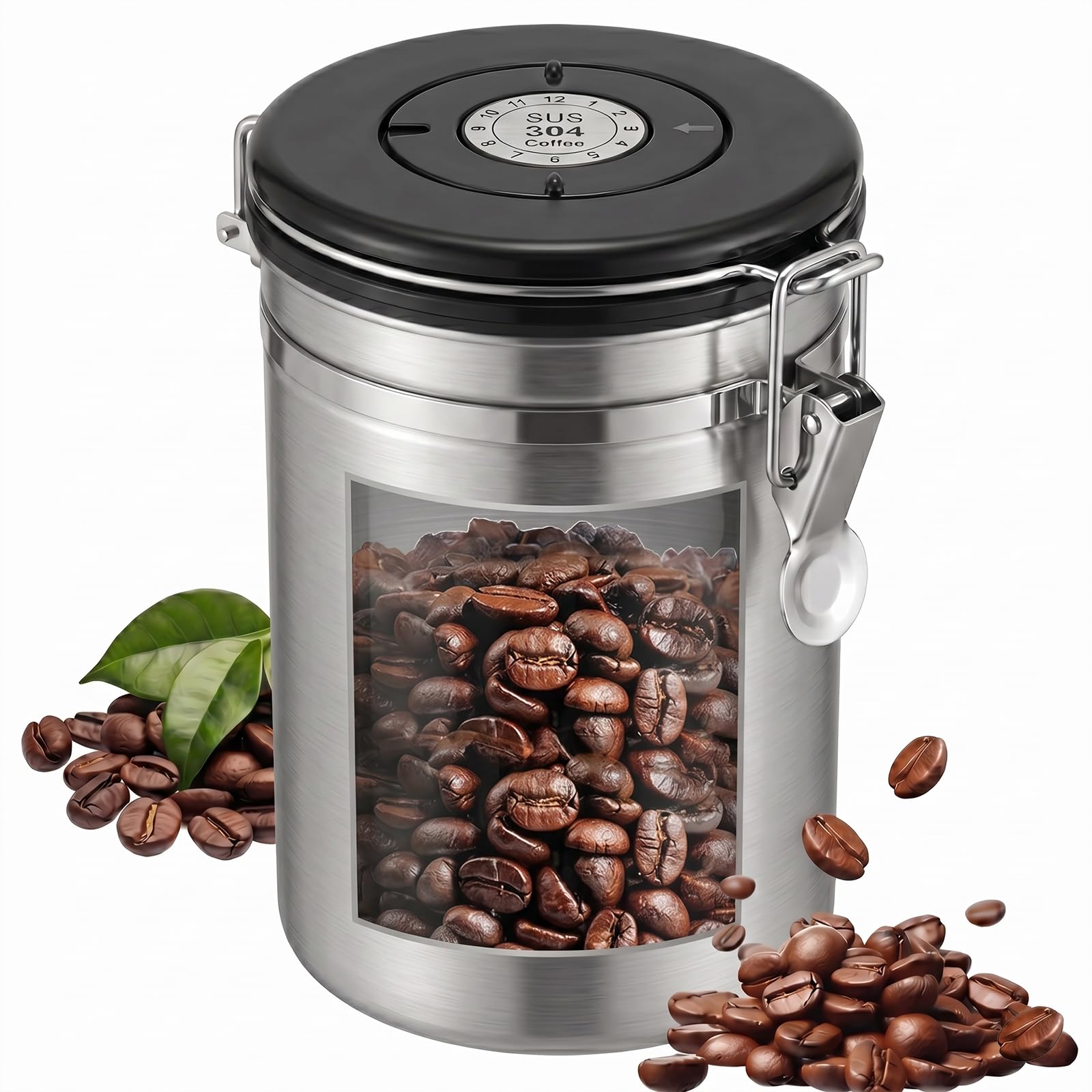 Zorvenix Airtight Coffee Canister, 1.8L Stainless Steel Coffee Container For Coffee Bean Storage Jars With Date Tracker And Co2 Release Valve For Beans, Ground Coffee, Tea, Nuts, Flour And Cereal