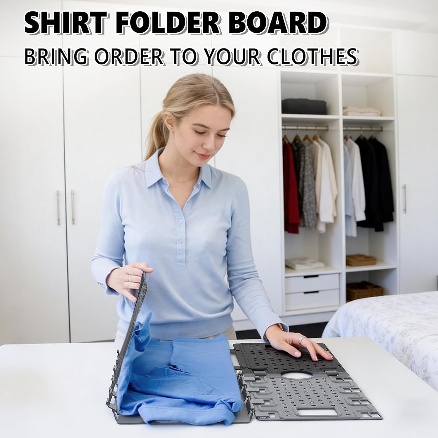 Accenter Stackable Closet Organizer & Shirt Folder Board Bundle (Dark Blue)