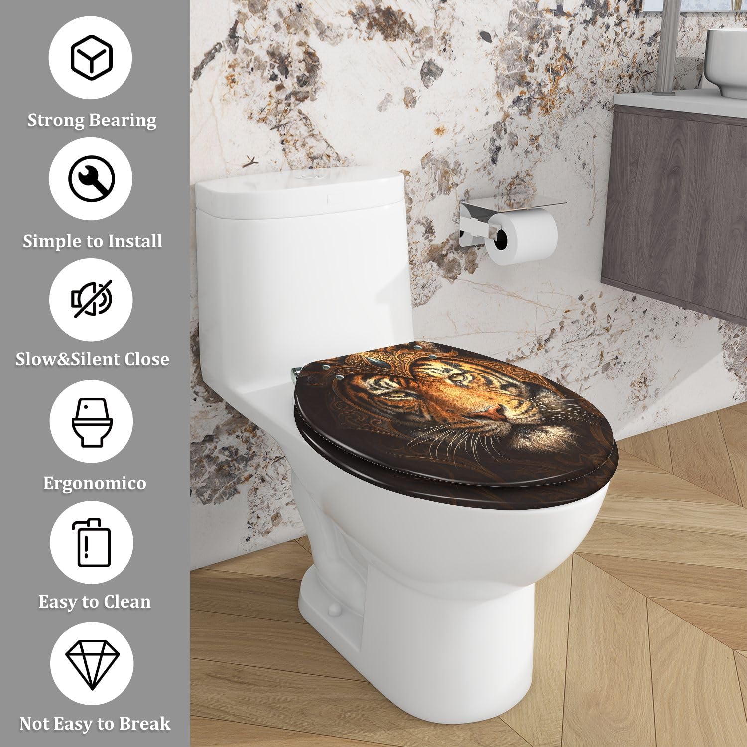 Asiento de inodoro alargado decorativo de resina con diseño de tigre, cierre silencioso, bisagras de liberación rápida, topes, fácil instalación y limpieza.