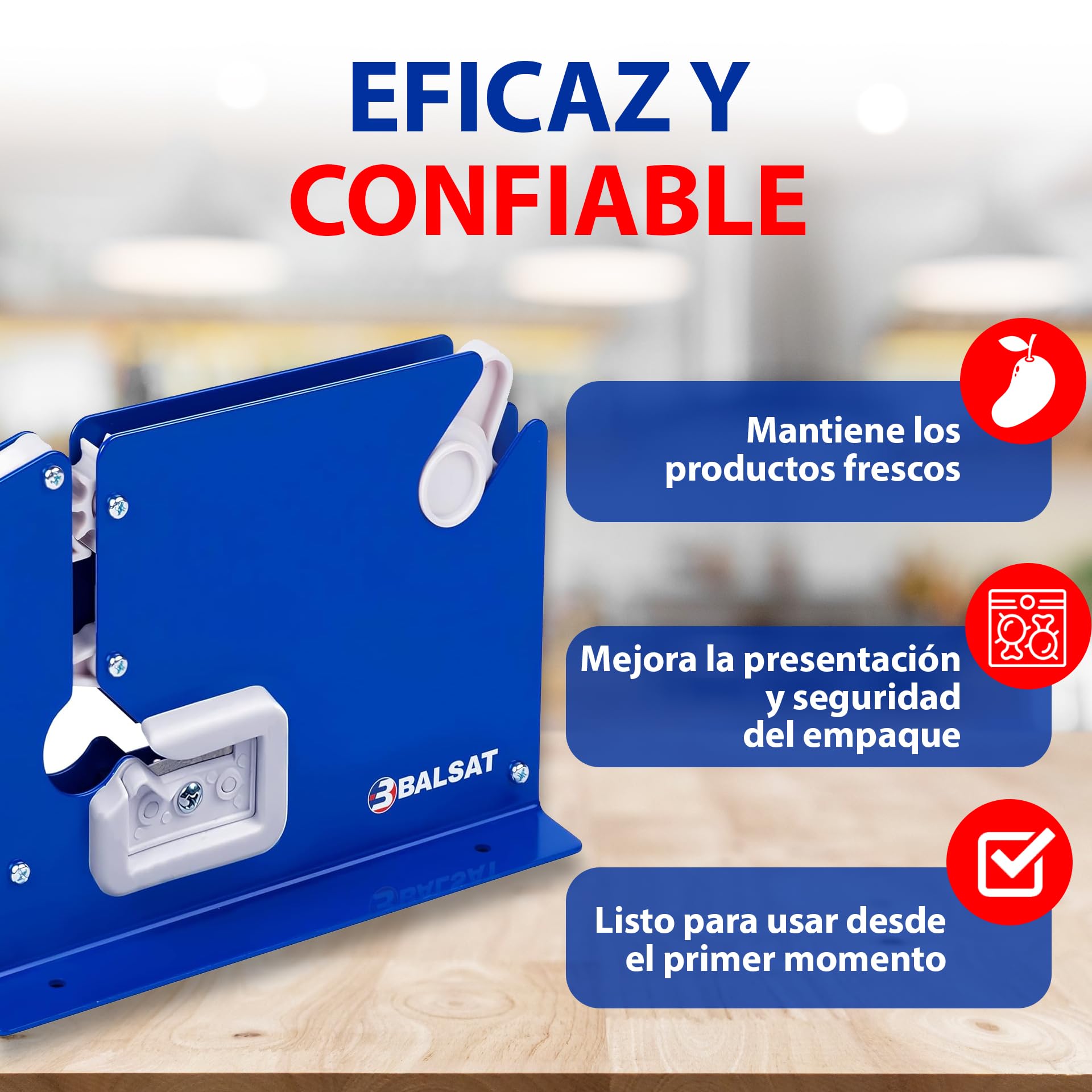BALSAT Máquina Cierra Bolsas Precintadora de Bolsa Azul Lacada + 6 Rollos Rojos | Sellador de Bolsas de Plástico Manual | Compatible con Cintas Adhesivas de 12 mm an | Metálica, Robusta y Precisa