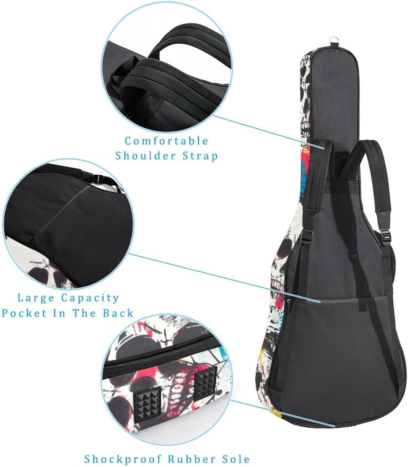 40 41 42 Inch Acoustic Guitar Bag, 0.4 In Thick Sponge Padded Guitar Case Gig Bag with Back Hanger Loop and 2 Pockets, Seamless Bright Skulls