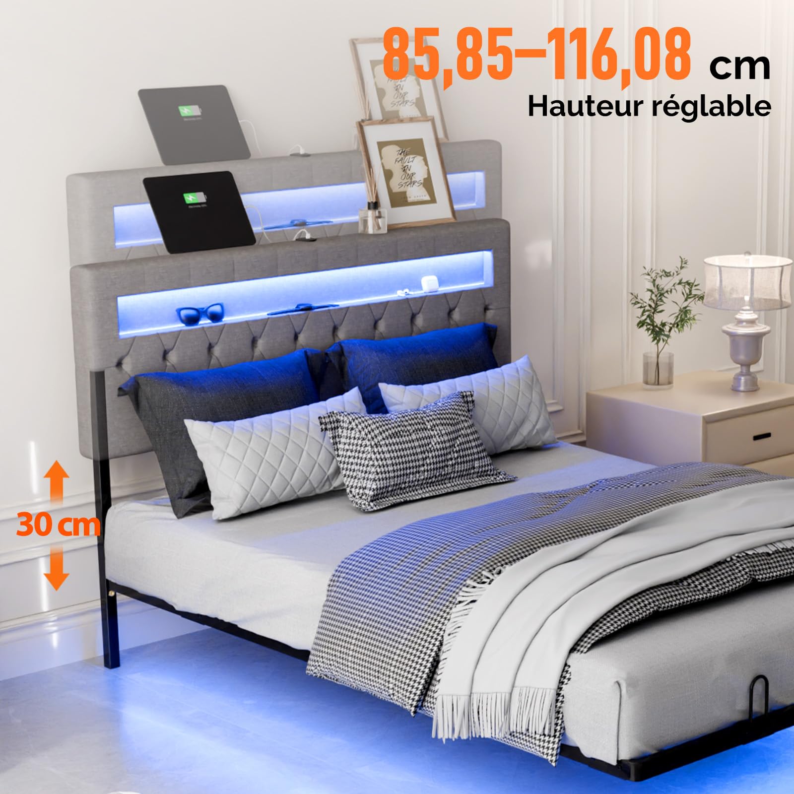 Bonnlo Lit 140 x 190 avec Sommier, Lit 2 Personnes Flottant avec Éclairage LED et Ports USB/Type-C, Tête de Lit Tapissée avec Rangement, Structure Stable en Métal, Tissu en Lin Gris