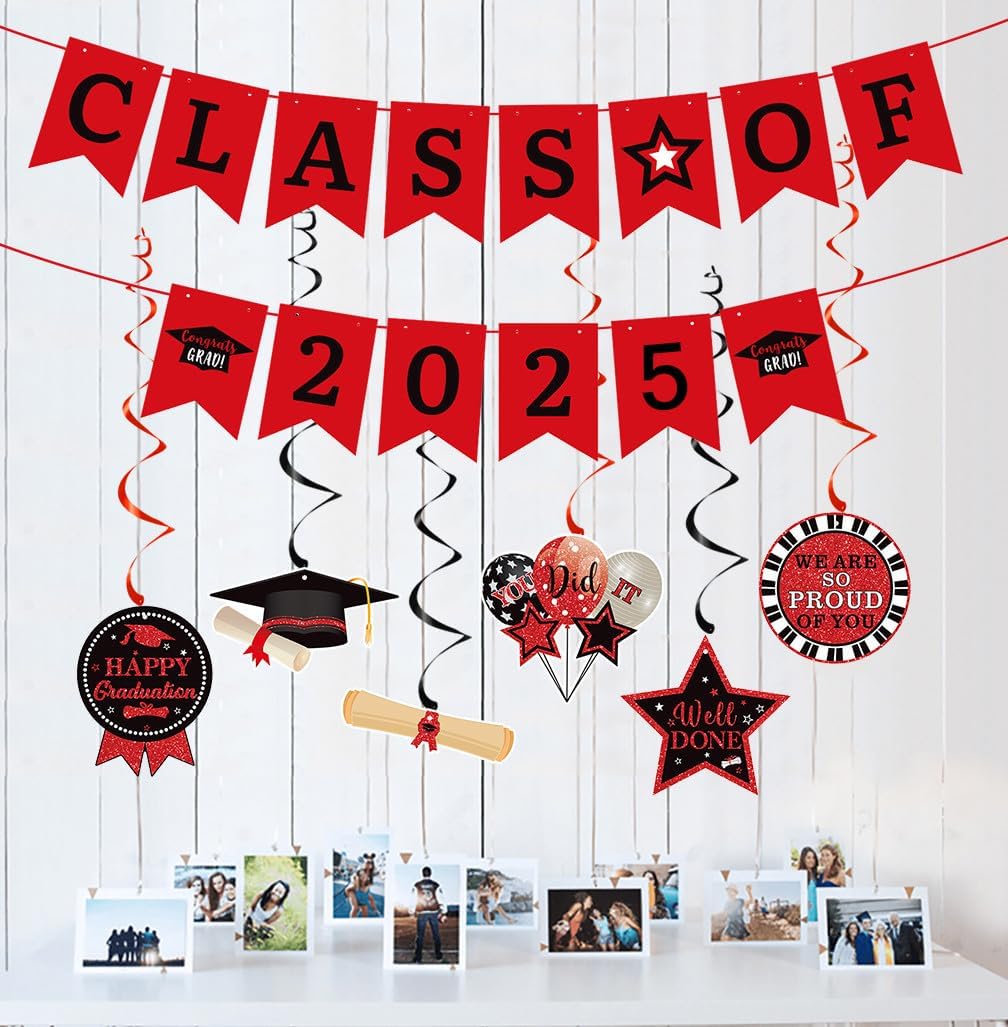 Elicola Graduation Party Decorations 2025 Graduation Hanging Swirls Foil Ceiling Streamers with CLASS OF 2025 banner for School Classroom Grad Party Decor Supplies (Red) 5 714KmLzXLLL. AC SL1027