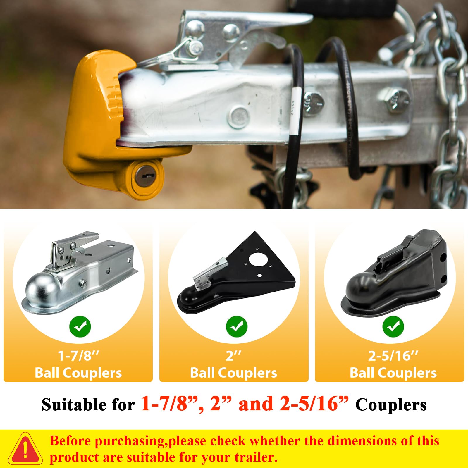 Groword Universal Trailer Hitch Lock - Fits 1-7/8", 2", 2-5/16" Couplers, Zinc Alloy, Yellow