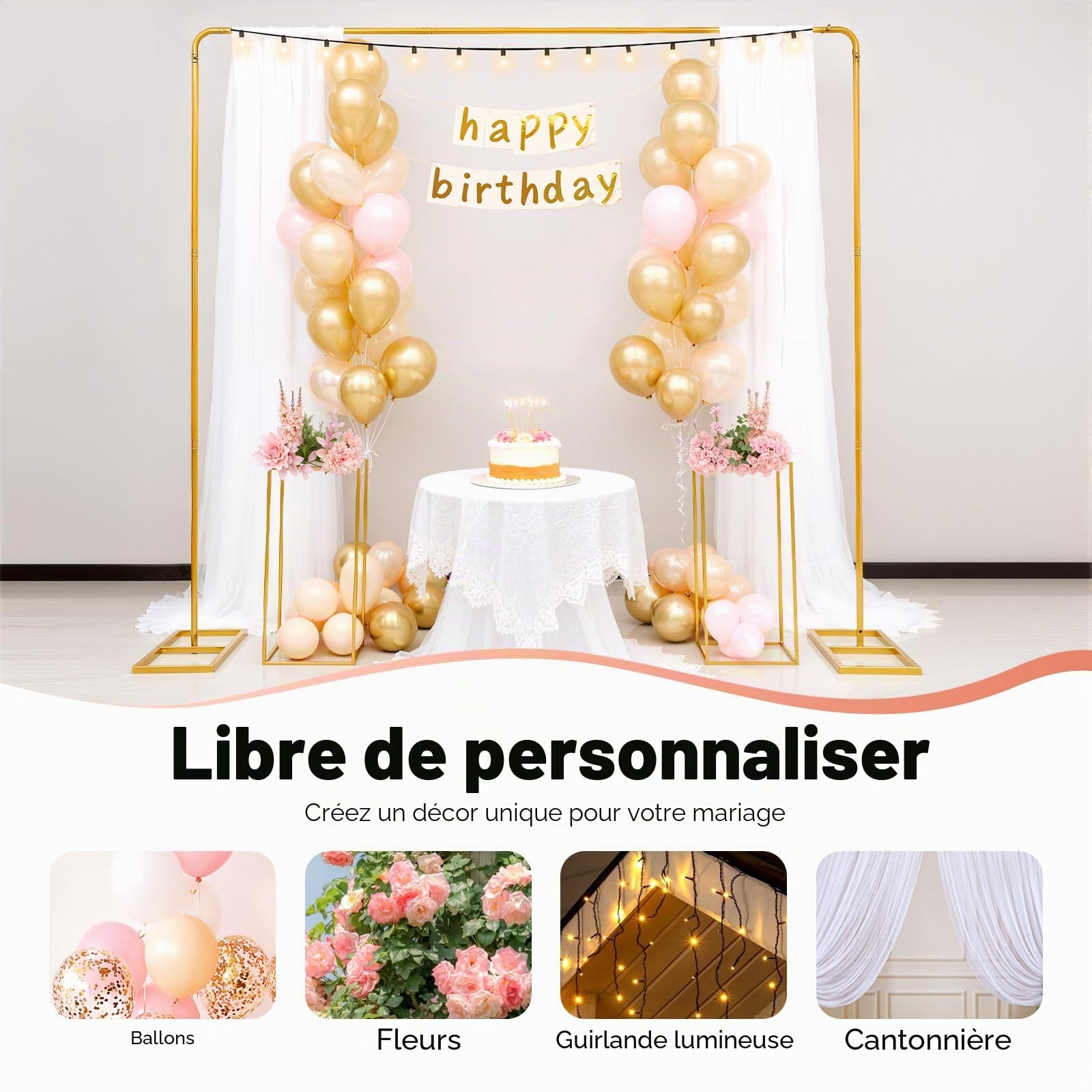 Lot de 2 supports d'arche de mariage en métal de 2 x 2 m, toile de fond et arche de ballons, avec 2 colonnes de support de fleurs, convient pour les mariages, les fêtes d'anniversaire, les banquets
