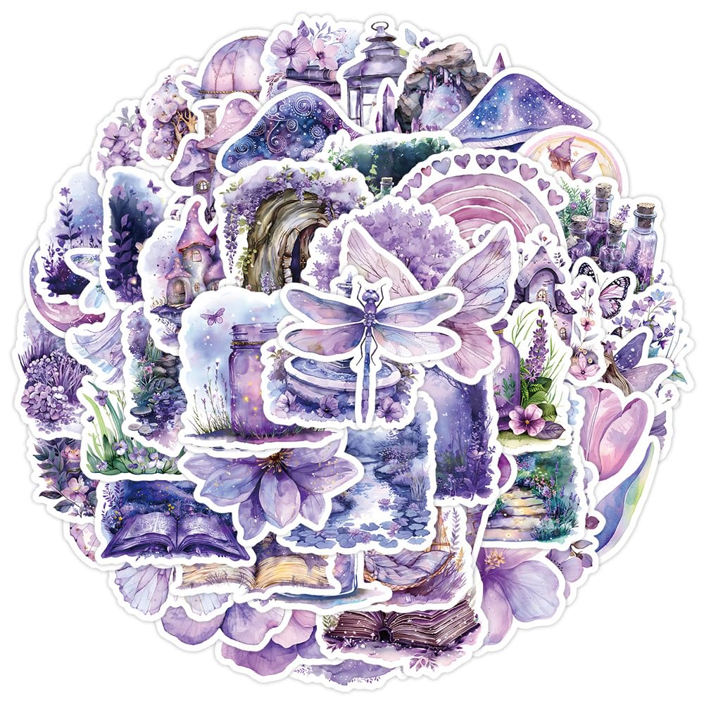 50Pcs Cute Aesthetic Stickers for Water Bottle, Lovely Purple Flowers and Butterflies Decals for Laptop, Kindle, Hydro Flask, Journal, Scrapbook,