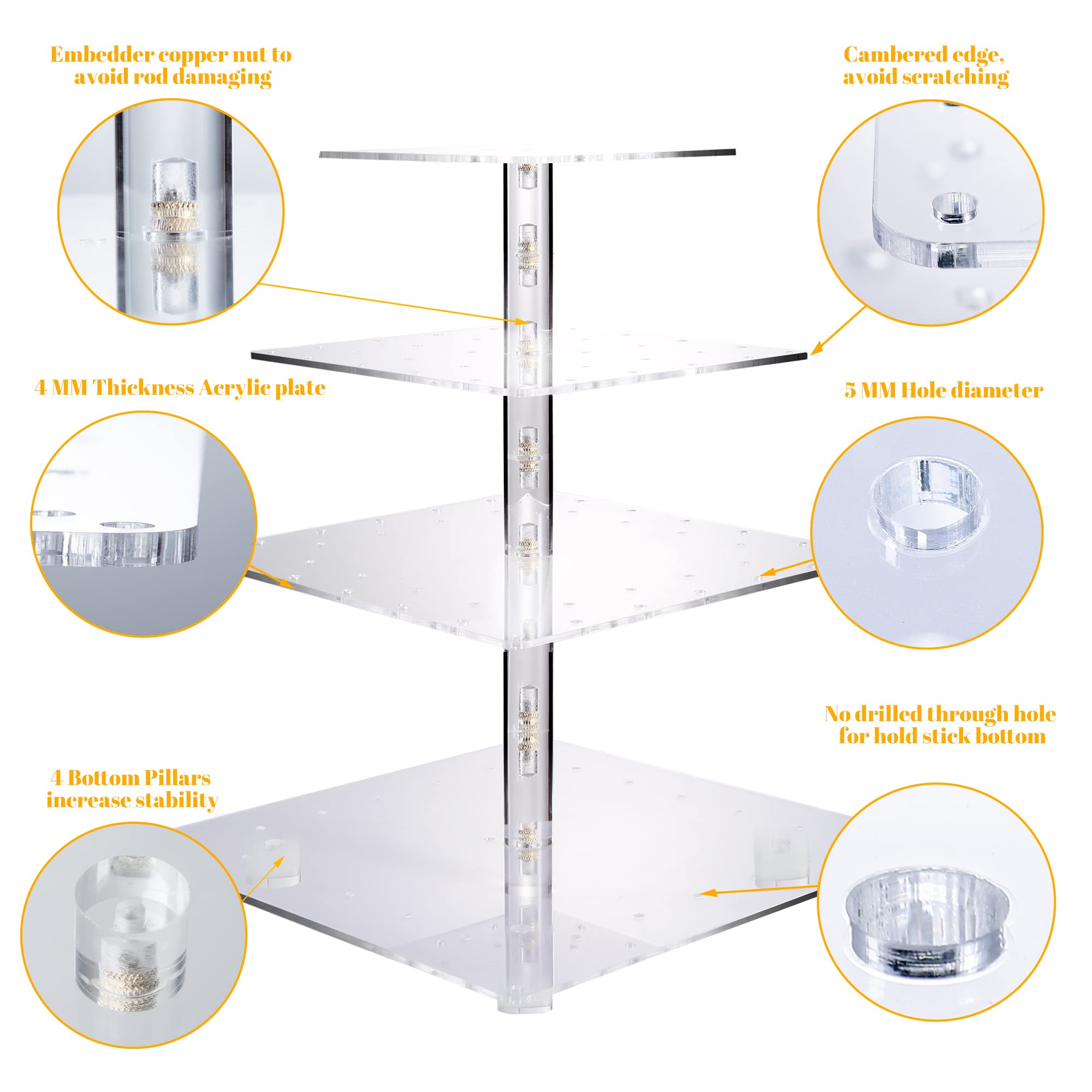 4 Tier Acrylic Cupcake Stand, Also Used as 52 Hole Thick Clear Cake Pop/Lollipop Display Holder + LED String Lights - Tiered Cupcake Tower, Tall Adjustable by ANMEISH(Yellow Light)